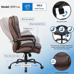 Boss Office Products Heavy-Duty Pillow-Top High-Back Chair, Bomber Brown/Silver