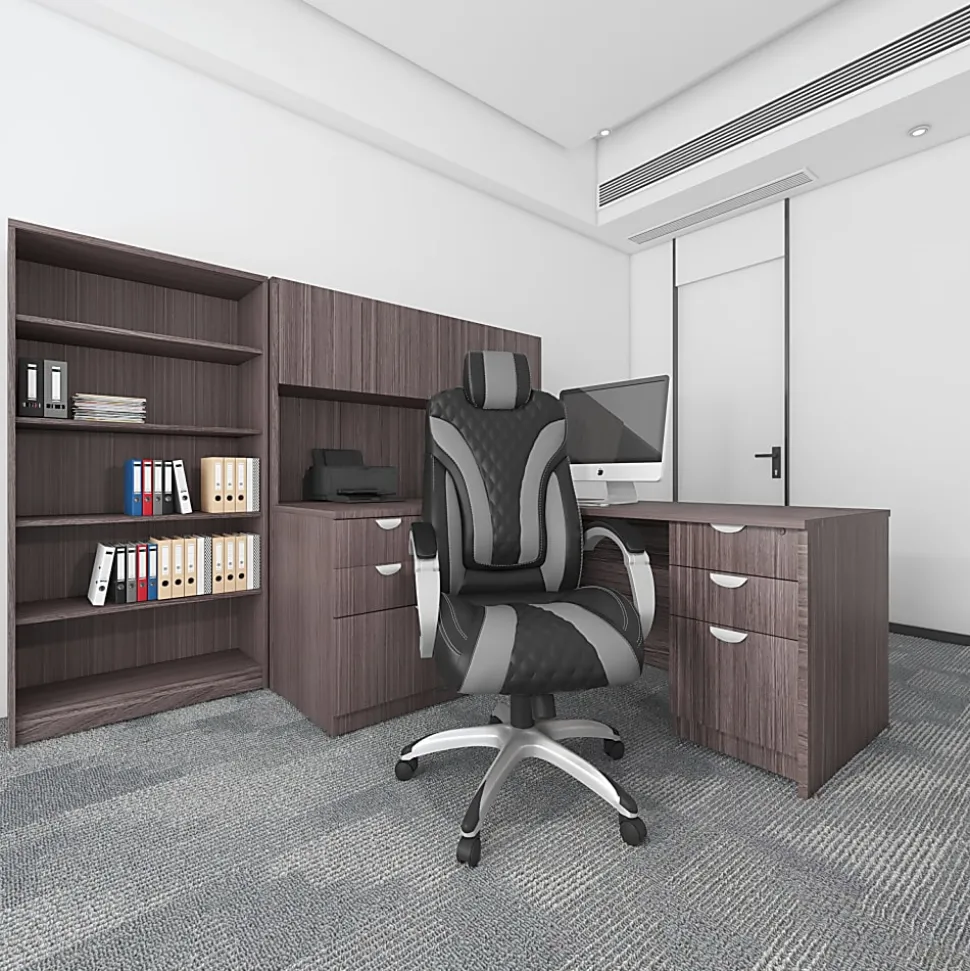 Boss Office Products Hinged Arm Ergonomic Faux Leather High-Back Executive Chair With Synchro-Tilt, Black/Gray
