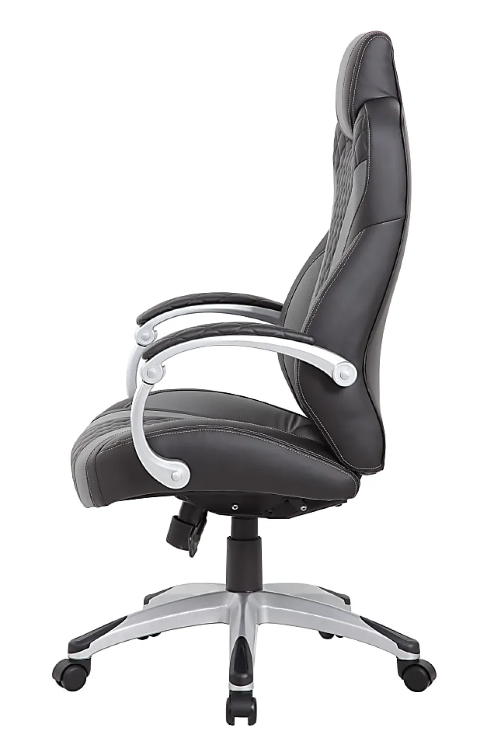 Boss Office Products Hinged Arm Ergonomic Faux Leather High-Back Executive Chair With Synchro-Tilt, Black/Gray