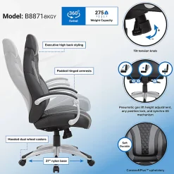 Boss Office Products Hinged Arm Ergonomic Faux Leather High-Back Executive Chair With Synchro-Tilt, Black/Gray