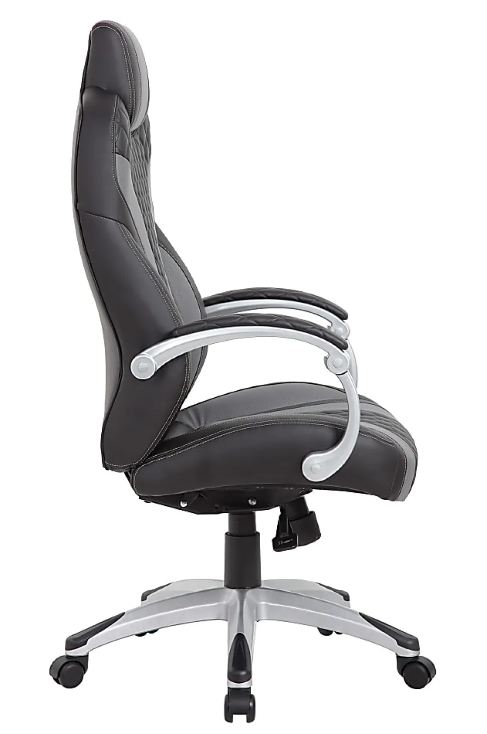 Boss Office Products Hinged Arm Ergonomic Faux Leather High-Back Executive Chair With Synchro-Tilt, Black/Gray