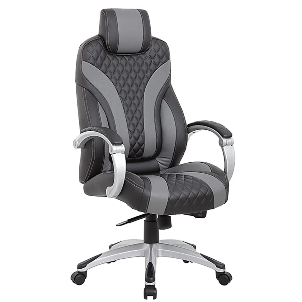 Boss Office Products Hinged Arm Ergonomic Faux Leather High-Back Executive Chair With Synchro-Tilt, Black/Gray
