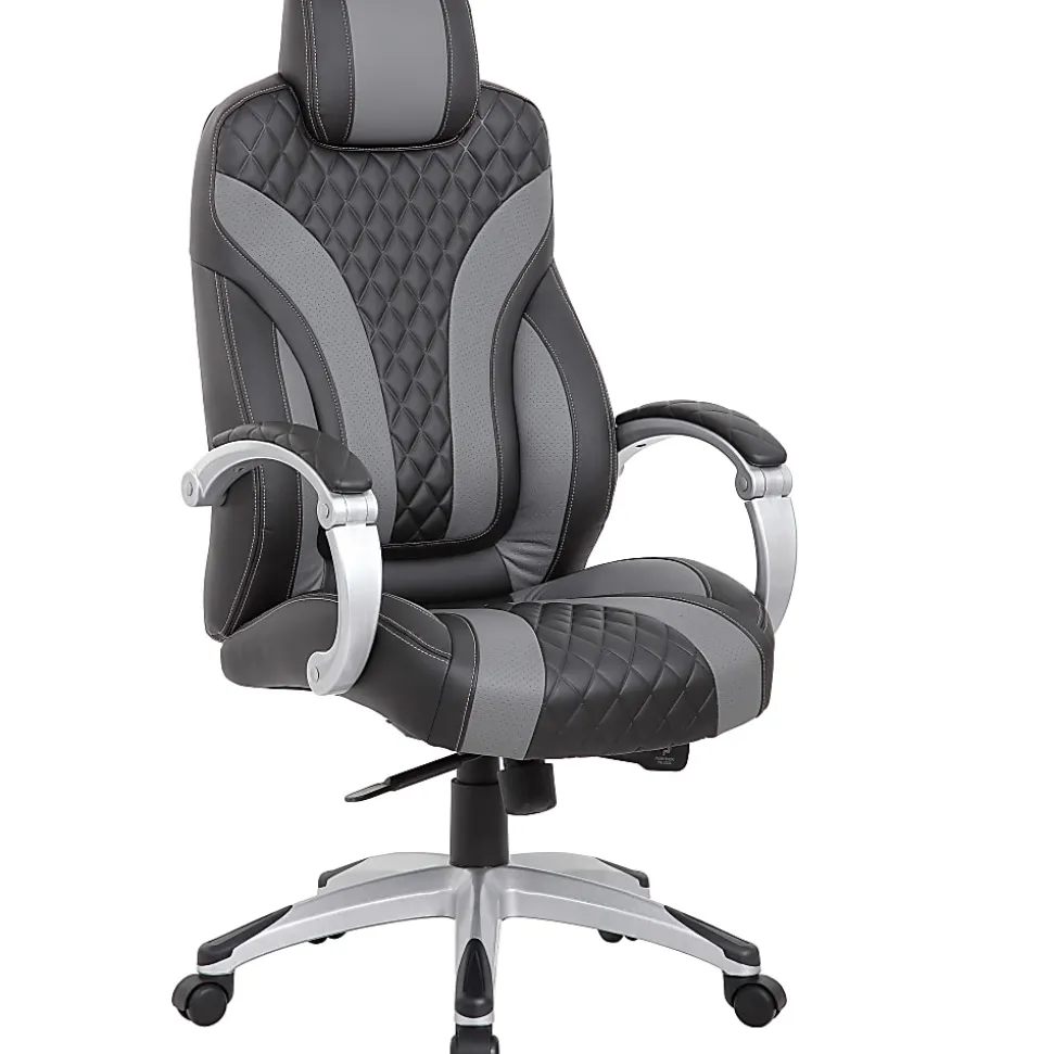 Boss Office Products Hinged Arm Ergonomic Faux Leather High-Back Executive Chair With Synchro-Tilt, Black/Gray