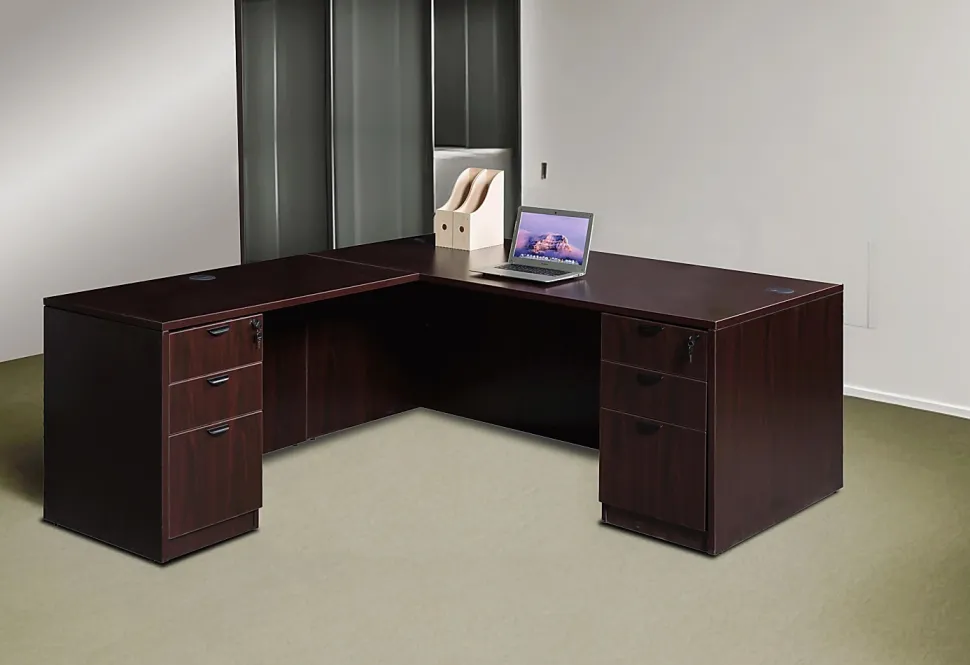 Boss Office Products Holland Series 71"W Executive L-Shaped Corner Desk With 2 File Storage Pedestals, Mahogany