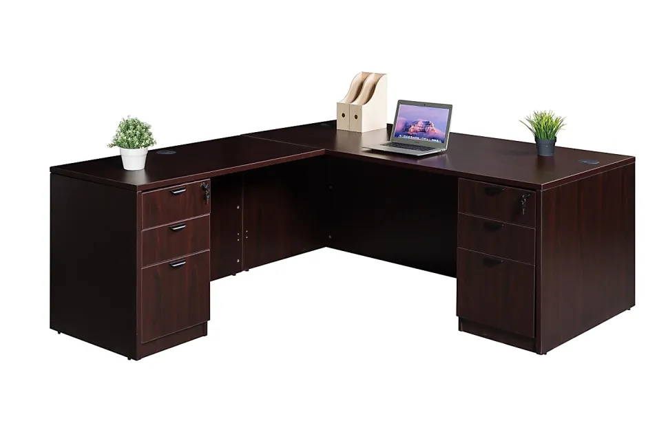 Boss Office Products Holland Series 71"W Executive L-Shaped Corner Desk With 2 File Storage Pedestals, Mahogany