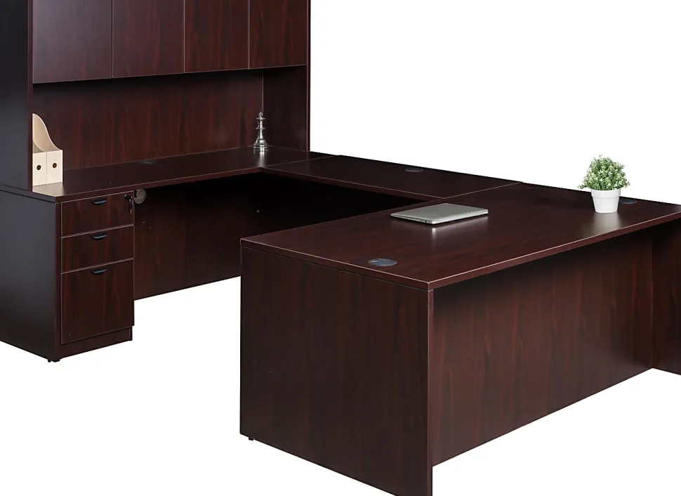 Boss Office Products Holland Series Executive U-Shaped Desk With File Storage Pedestal And Hutch, Mahogany