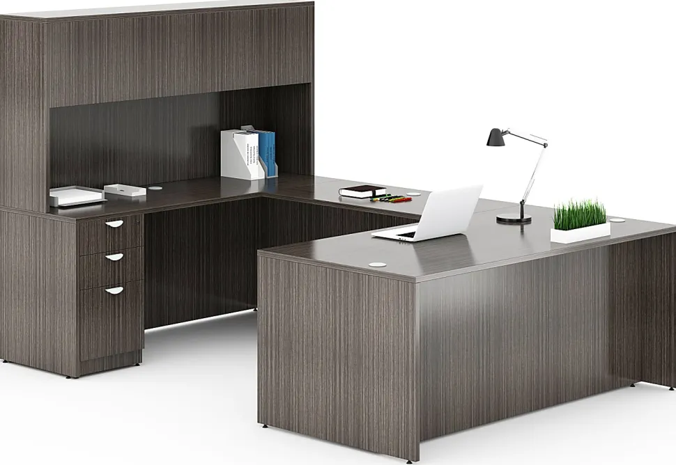 Boss Office Products Holland Series Executive U-Shape Desk With File Storage, Pedestal And Hutch, Driftwood