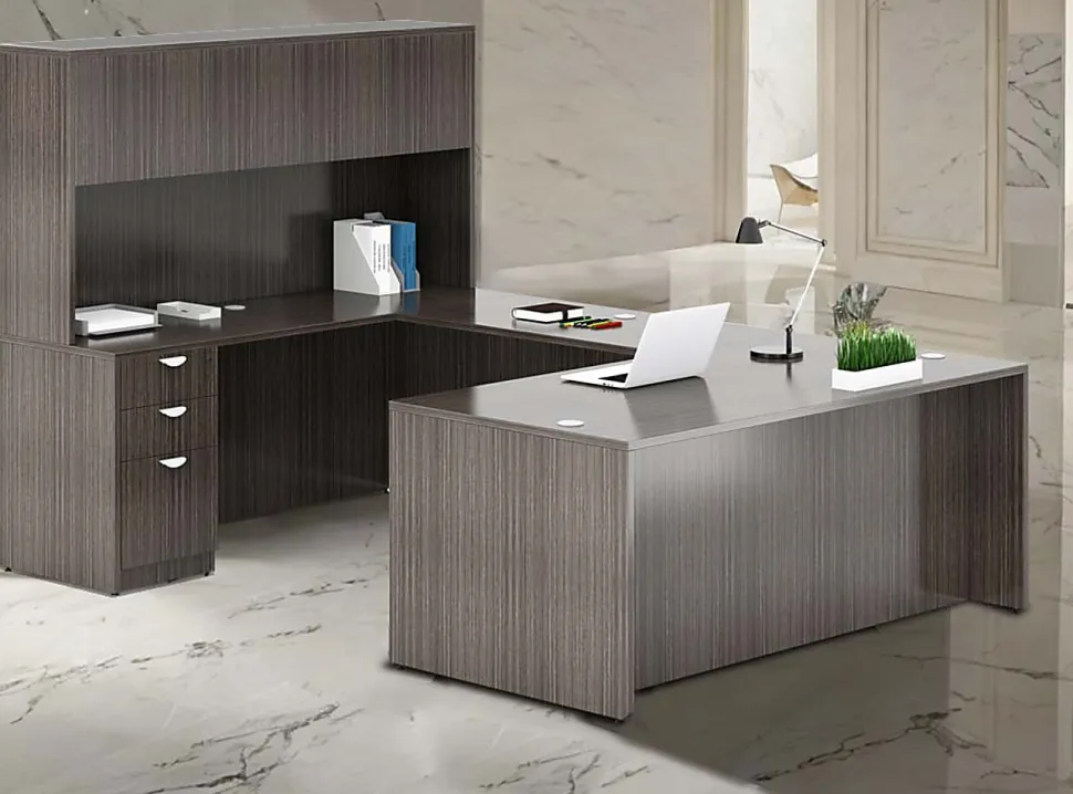 Boss Office Products Holland Series Executive U-Shape Desk With File Storage, Pedestal And Hutch, Driftwood