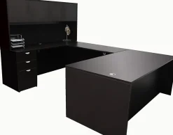 Boss Office Products Holland Series Executive U-Shape Desk With File Storage, Pedestal And Hutch, Mocha