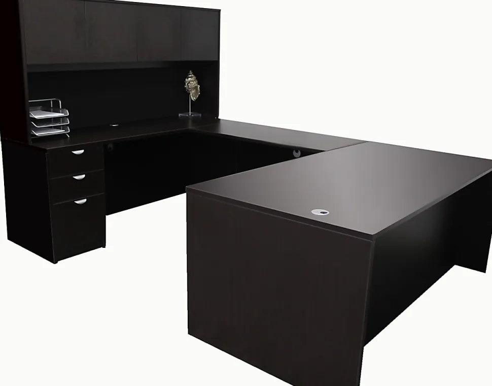Boss Office Products Holland Series Executive U-Shape Desk With File Storage, Pedestal And Hutch, Mocha