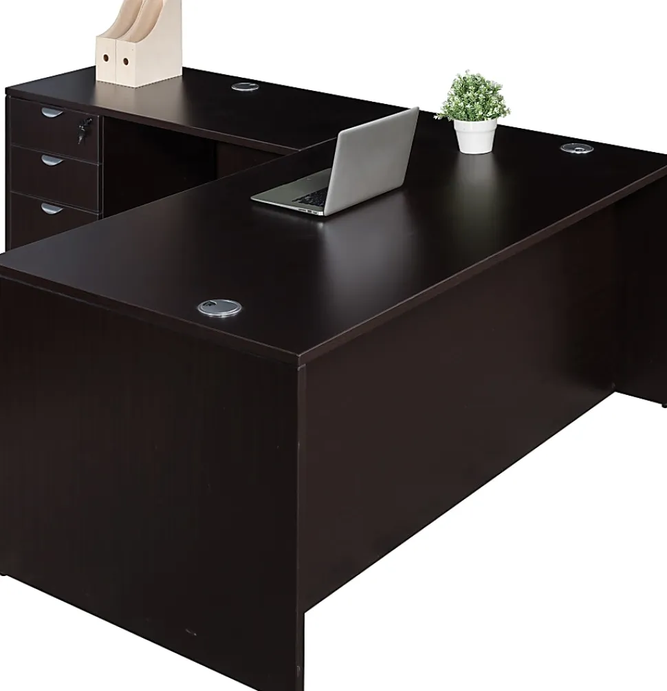 Boss Office Products Holland Series 71"W Executive L-Shaped Corner Desk With File Storage Pedestal, Mocha