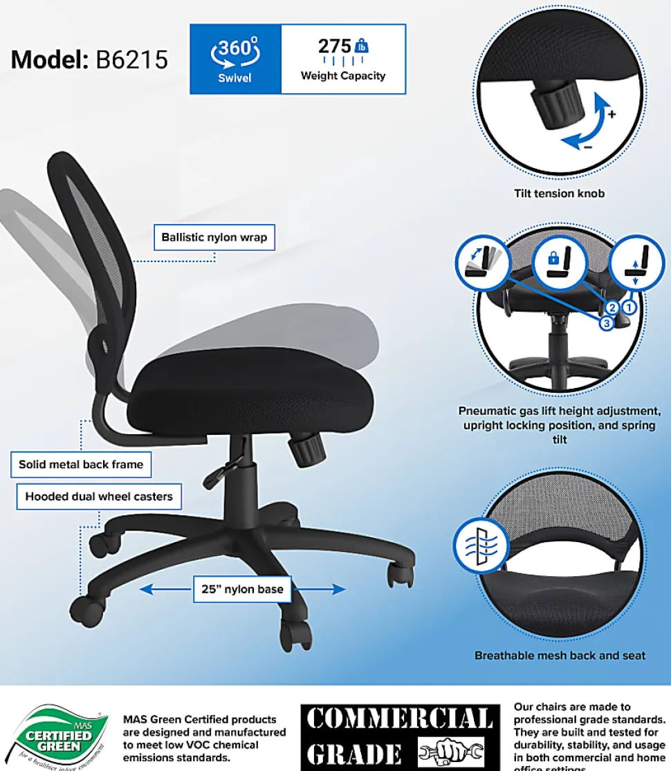Boss Office Products Mesh Armless Task Chair, Black
