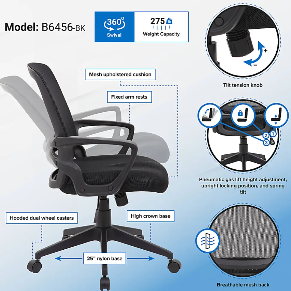 Boss Office Products Mesh Task Chair With Loop Arms, 37"-39", Black