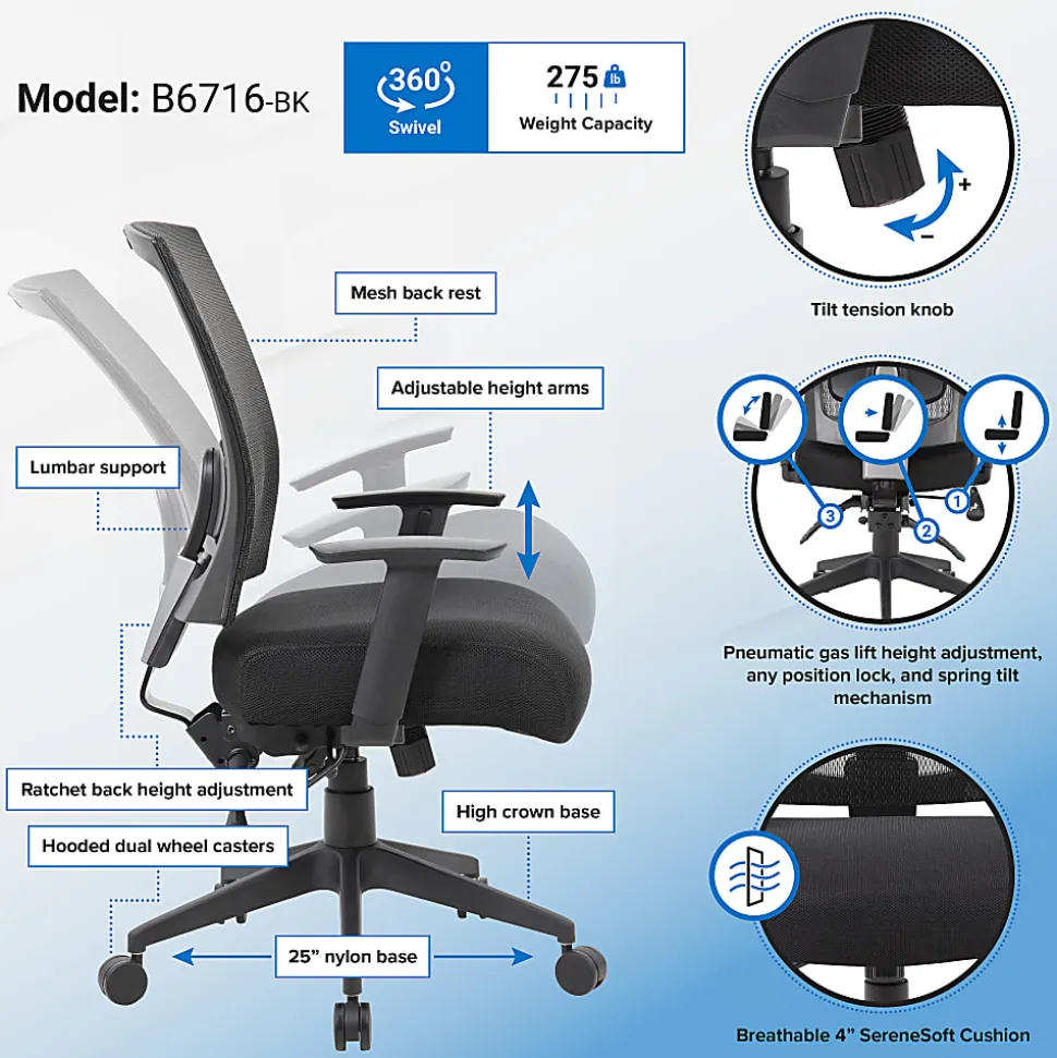 Boss Office Products Multifunction Mesh Mid-Back Task Chair, Mesh/Fabric, Black
