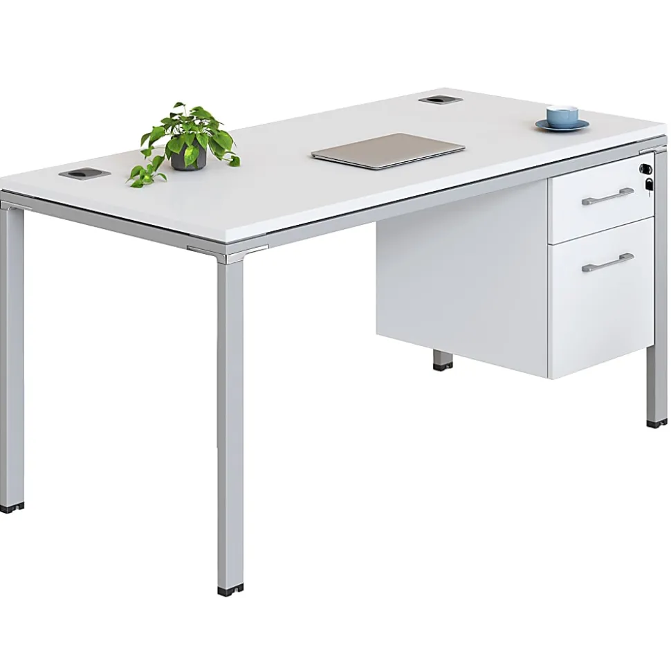 Boss Office Products Simple System Workstation Desk With Pedestal, 66" x 24", White