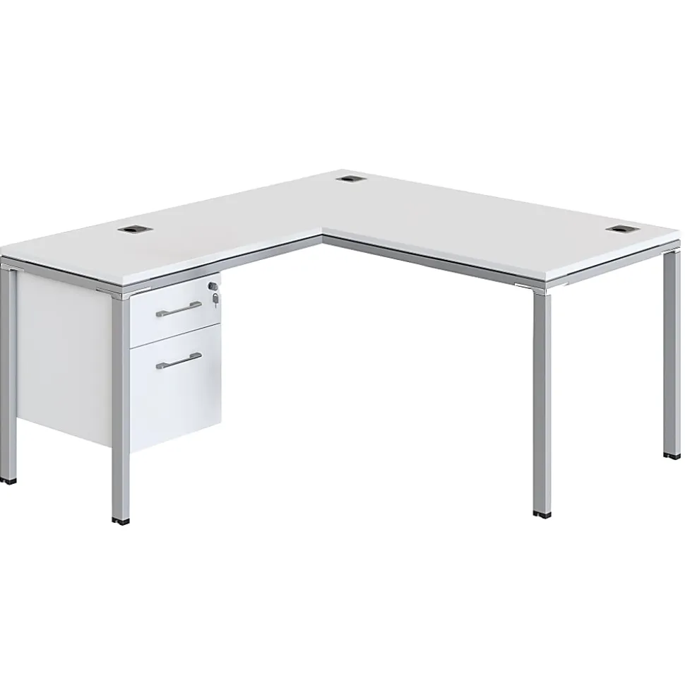 Boss Office Products Simple System Workstation L-Desk with Return & Pedestal, 29-1/2”H x 48”W x 59-7/16”D, White