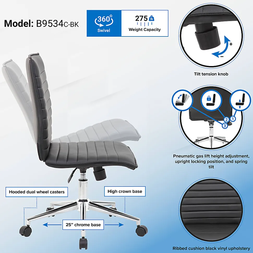 Boss Office Products Sleek Ribbed Armless Task Chair, Black