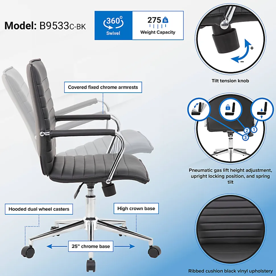 Boss Office Products Sleek Ribbed Vinyl Task Chair, Black