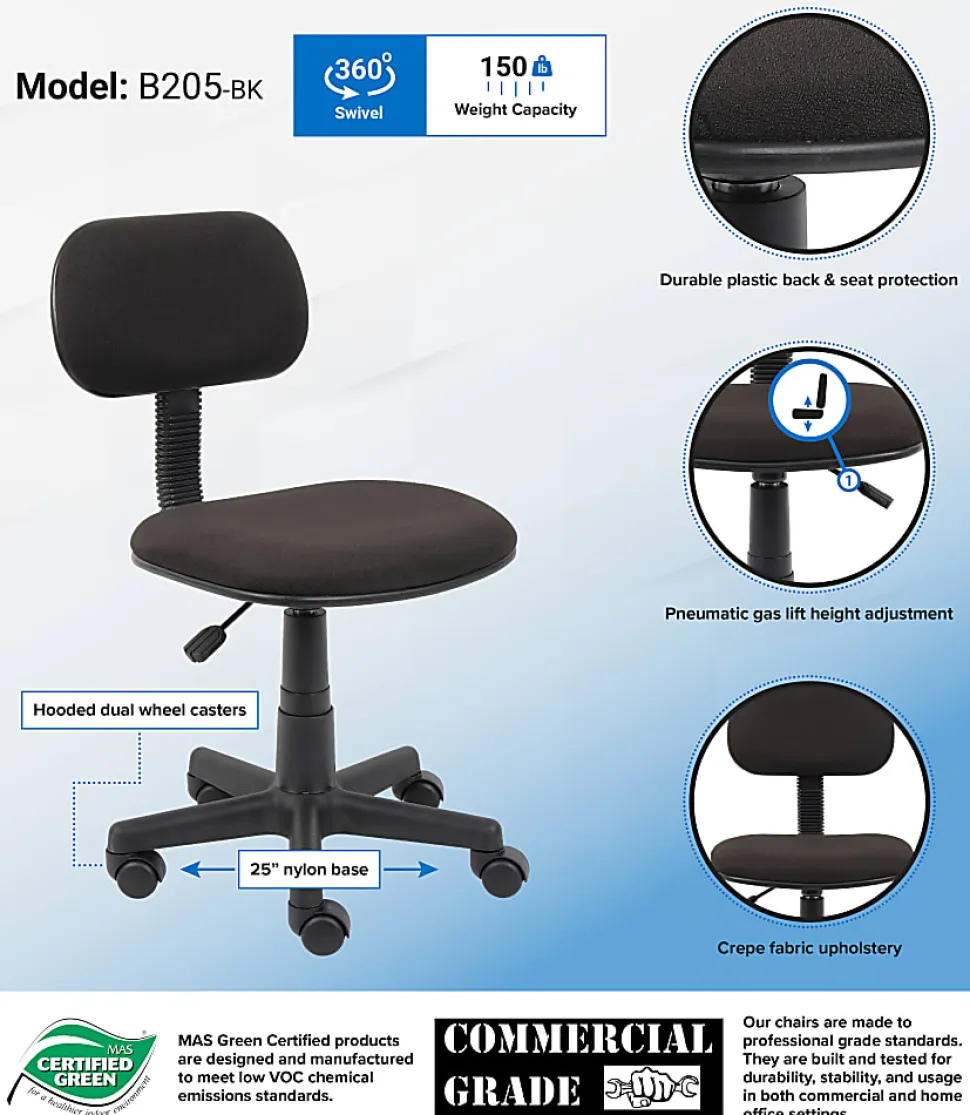Boss Office Products Steno Fabric/Plastic Low-Back Task Chair, Black