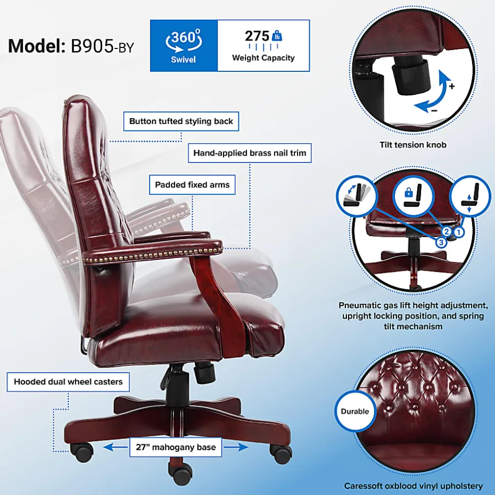 Boss Office Products Traditional Ergonomic High-Back Executive Chair, 47"H, Burgundy/Mahogany