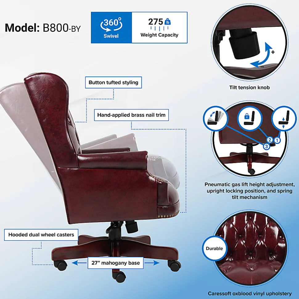 Boss Office Products Traditional Ergonomic High-Back Chair, 44"H, Burgundy/Mahogany