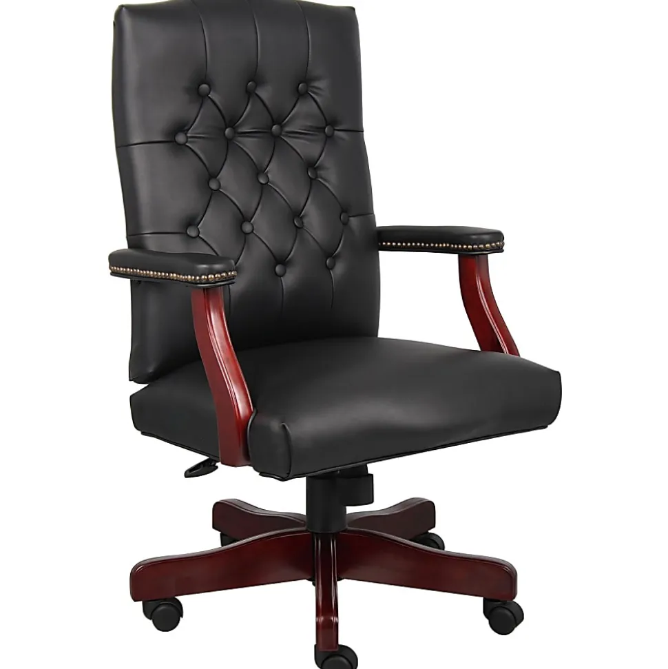Boss Office Products Traditional Ergonomic High-Back Executive Chair, 47"H,Black/Mahogany