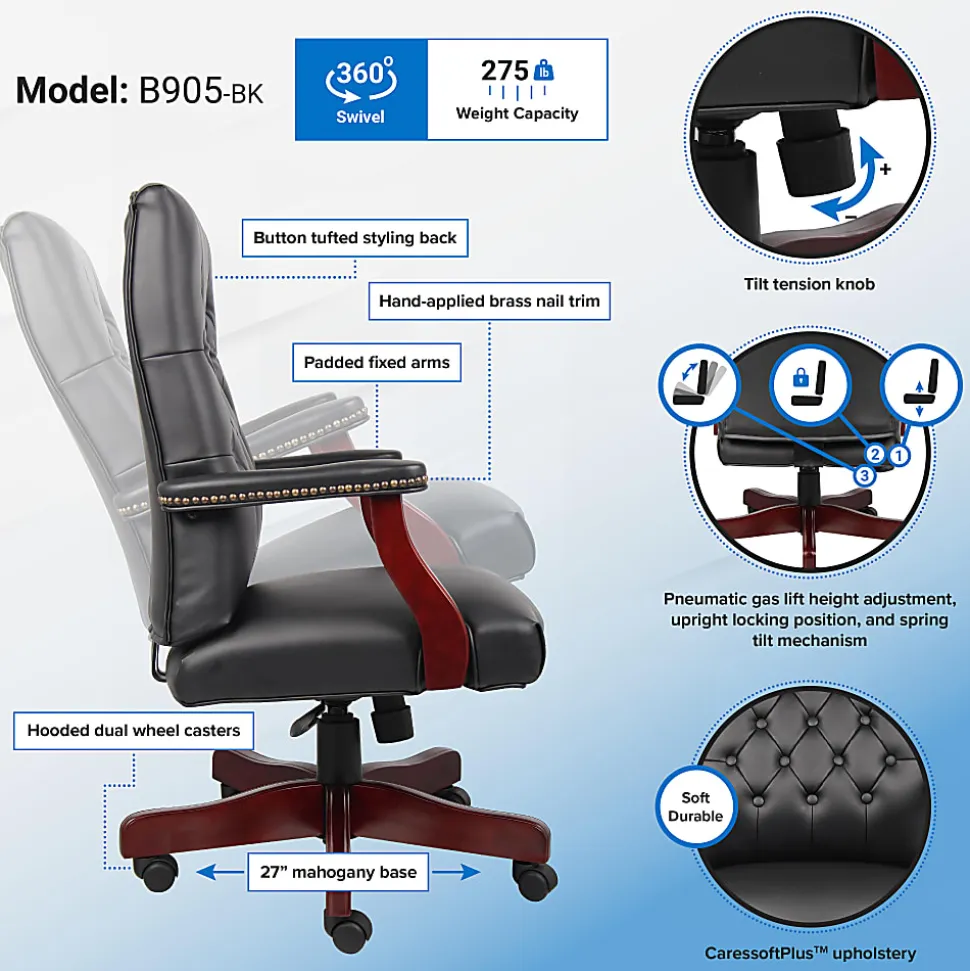 Boss Office Products Traditional Ergonomic High-Back Executive Chair, 47"H,Black/Mahogany