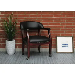 Boss Office Products Traditional Tufted Conference Chair With Casters, Black/Mahogany