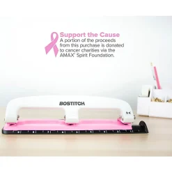 Bostitch® EZ Squeeze™ Three-Hole Punch, InCourage, 12 Sheet Capacity, Pink/White