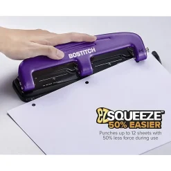 Bostitch® EZ Squeeze™ Three-Hole Punch, 12 Sheet Capacity, Purple
