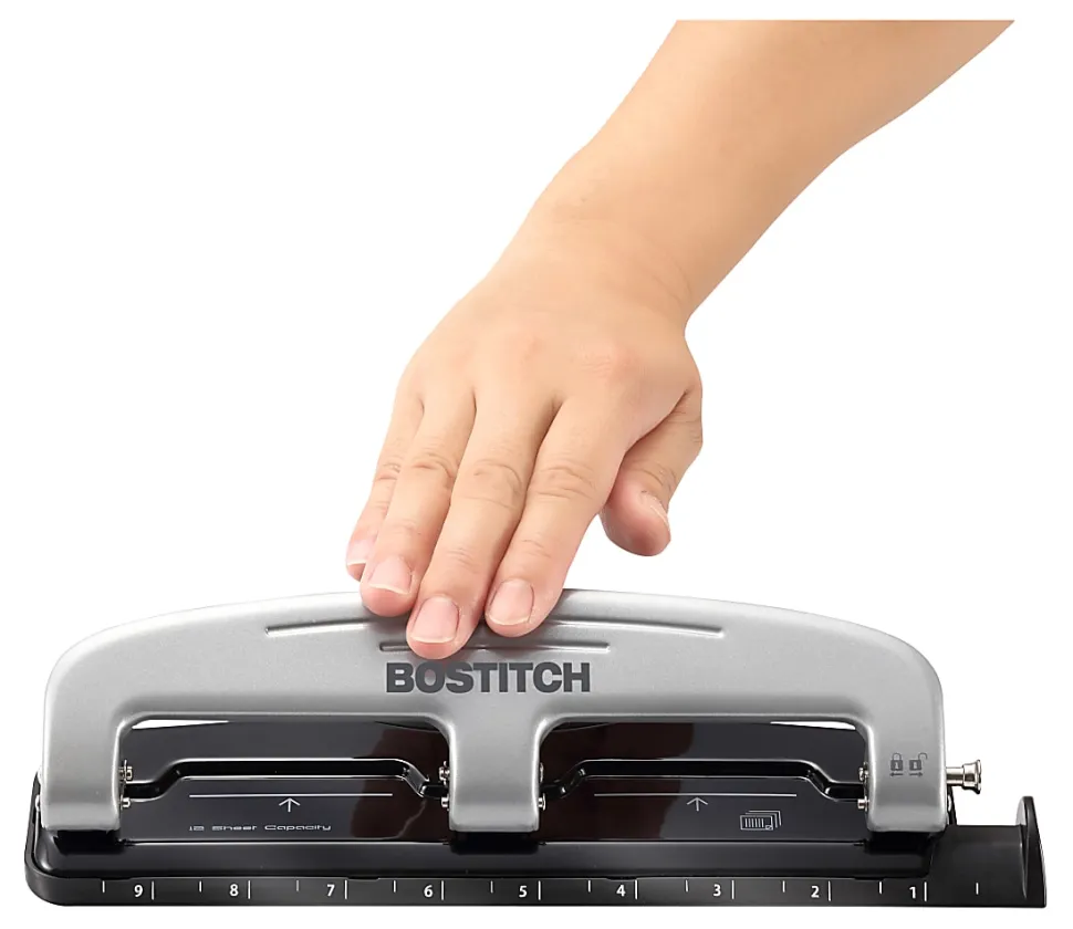 Bostitch® EZ Squeeze™ Three-Hole Punch, 12 Sheet Capacity, Black/Silver