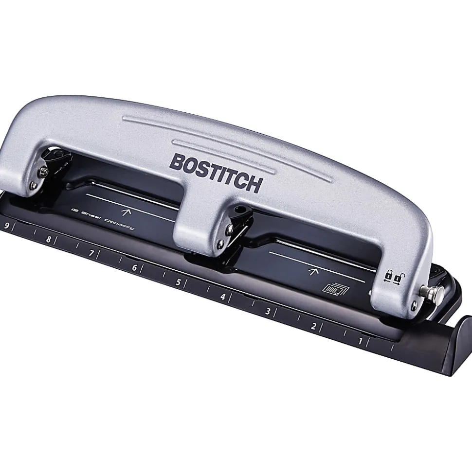 Bostitch® EZ Squeeze™ Three-Hole Punch, 12 Sheet Capacity, Black/Silver