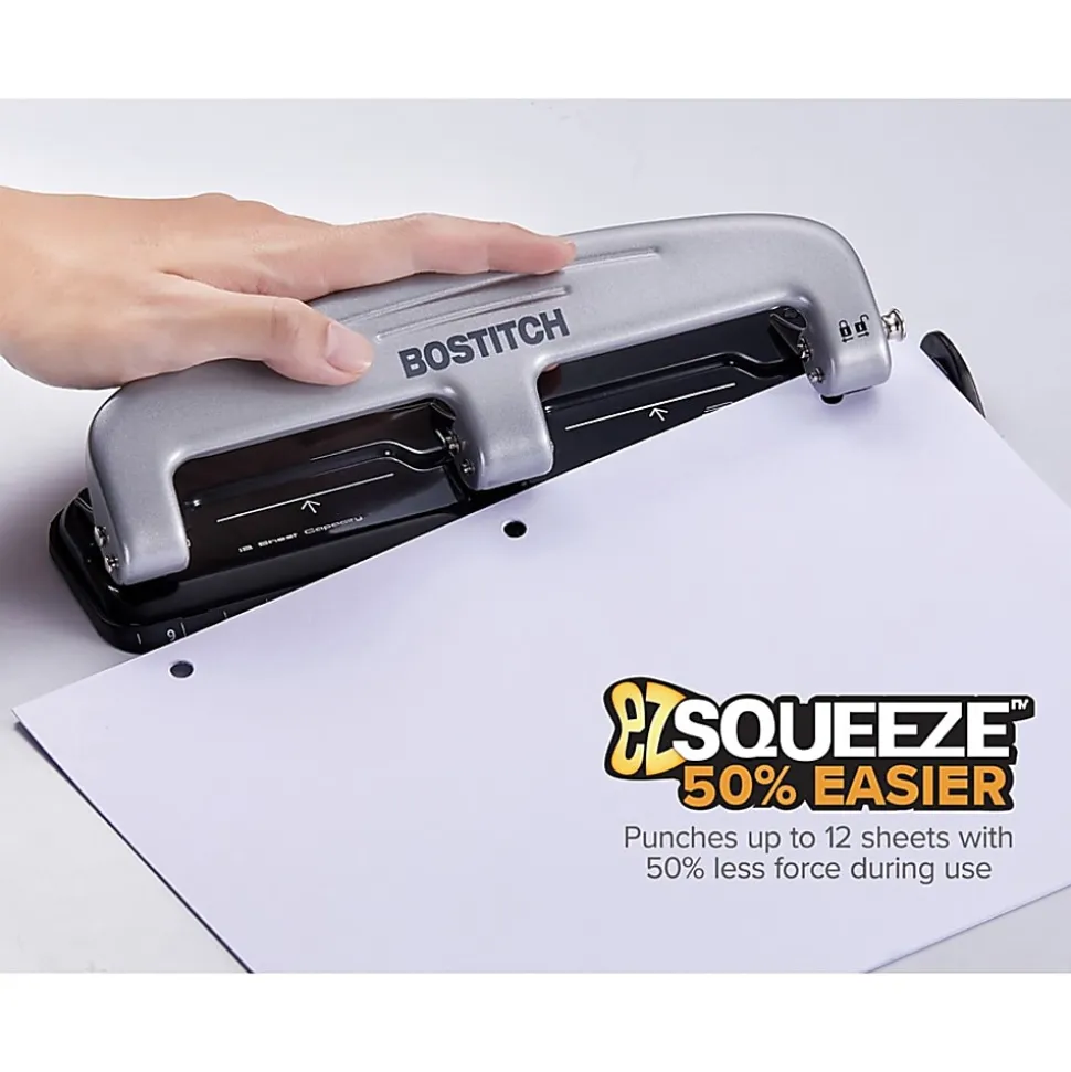 Bostitch® EZ Squeeze™ Three-Hole Punch, 12 Sheet Capacity, Black/Silver