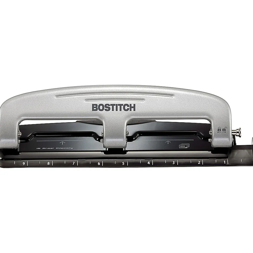 Bostitch® EZ Squeeze™ Three-Hole Punch, 12 Sheet Capacity, Black/Silver
