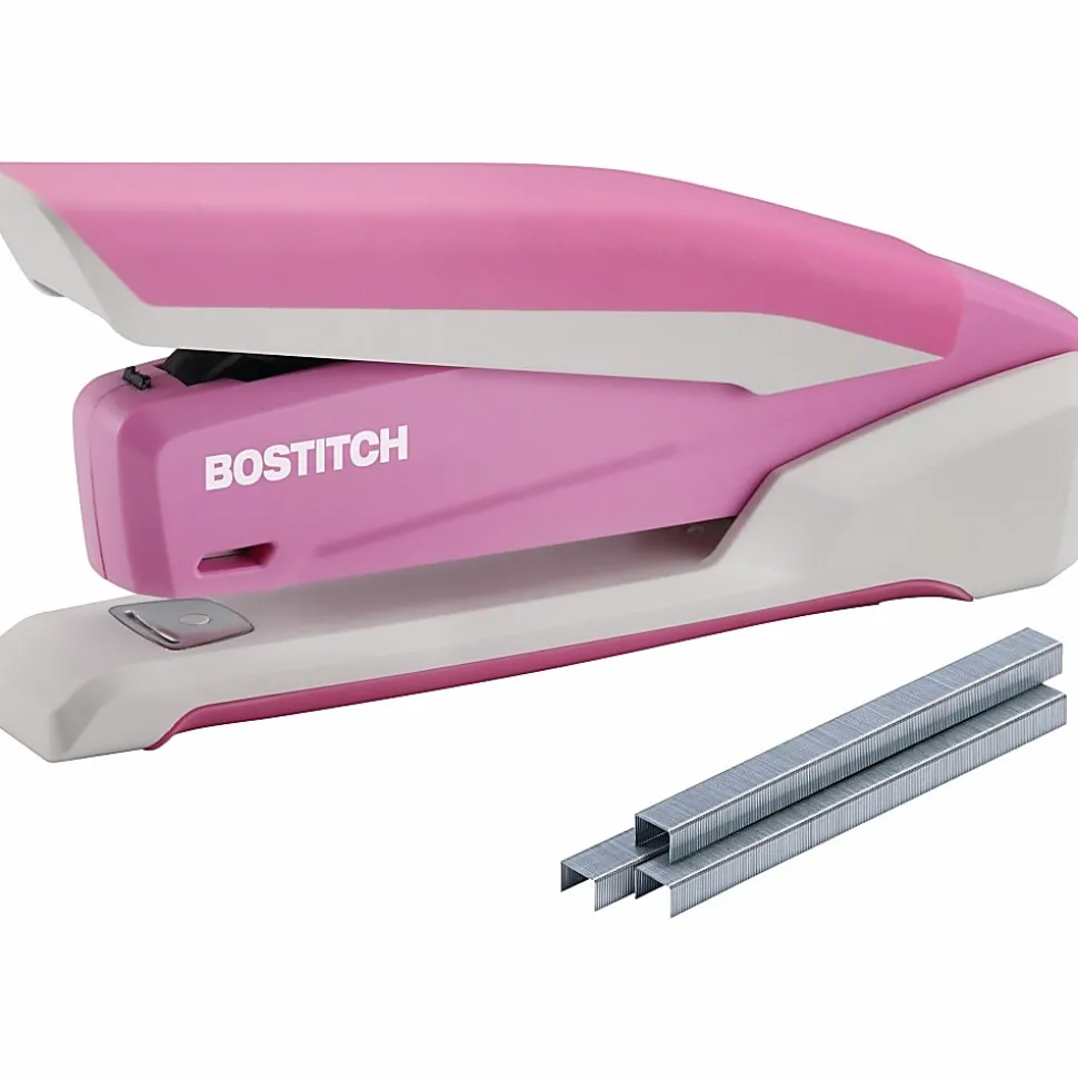 Bostitch InCourage™ Spring-Powered Desktop Stapler With Antimicrobial Protection, 20 Sheets Capacity, Pink/White