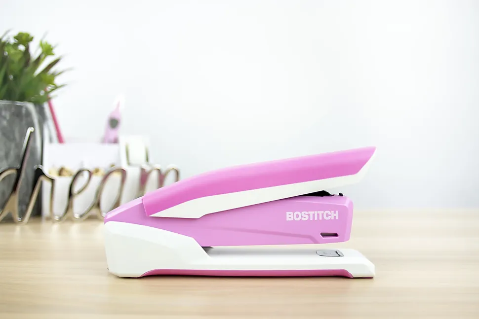 Bostitch InCourage™ Spring-Powered Desktop Stapler With Antimicrobial Protection, 20 Sheets Capacity, Pink/White