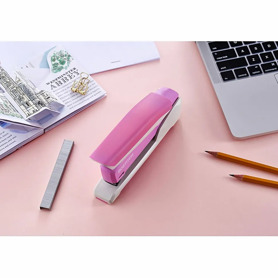 Bostitch InCourage™ Spring-Powered Desktop Stapler With Antimicrobial Protection, 20 Sheets Capacity, Pink/White