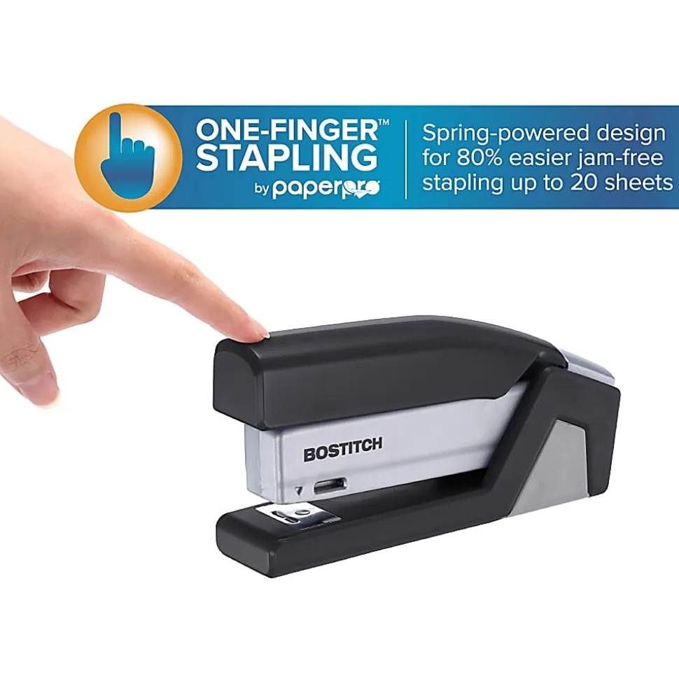 Bostitch® InJoy™ 20 Spring-Powered Compact Stapler, 20 Sheets Capacity, Black/Gray