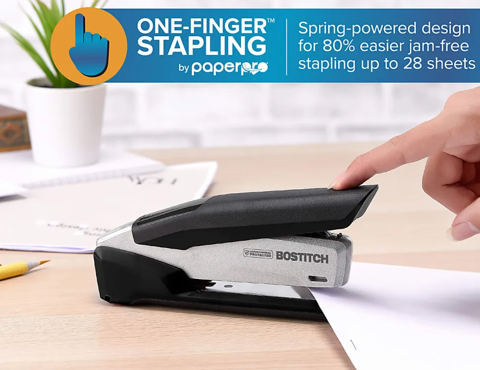 Bostitch® InPower™ Premium Spring-Powered Desktop Stapler, 28 Sheets Capacity, Black/Silver