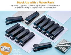 Bostitch No-Jam Premium Desktop Stapler, Full-Strip, Black, Includes 1,250 Staples, Set Of 12 Staplers