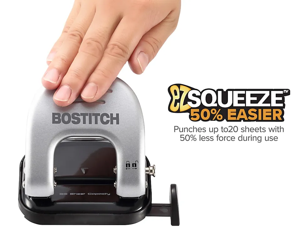 Bostitch Office EZ Squeeze Reduced Effort 2-Hole Punch, 20 Sheets, Locking Handle, Black/Silver