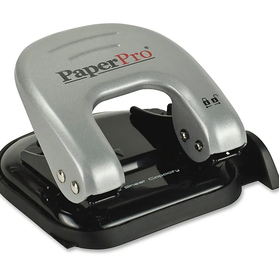 Bostitch Office EZ Squeeze Reduced Effort 2-Hole Punch, 20 Sheets, Locking Handle, Black/Silver