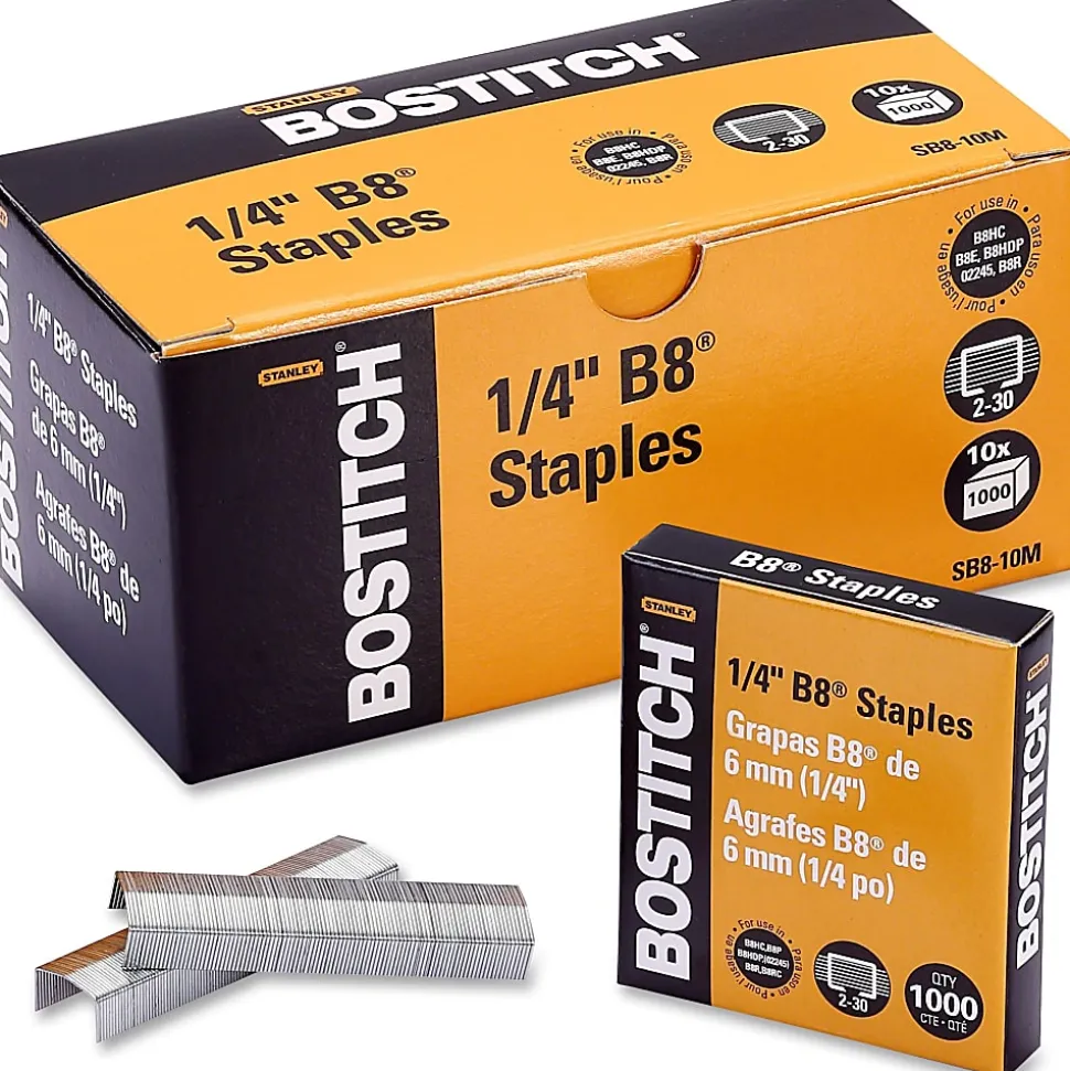 Bostitch PowerCrown Premium Staples, 210 Per Strip, 1/4" Leg , 1/2" Crown, Chisel Point , Silver, Pack of 10,000 - SB810M