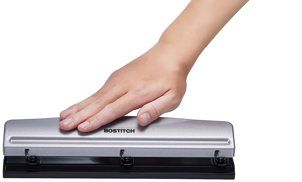 Bostitch Premium 3-Hole Punch, 12-Sheet Capacity, All-Metal, Rubber Base, Easy-Clean Tray, Silver/Black