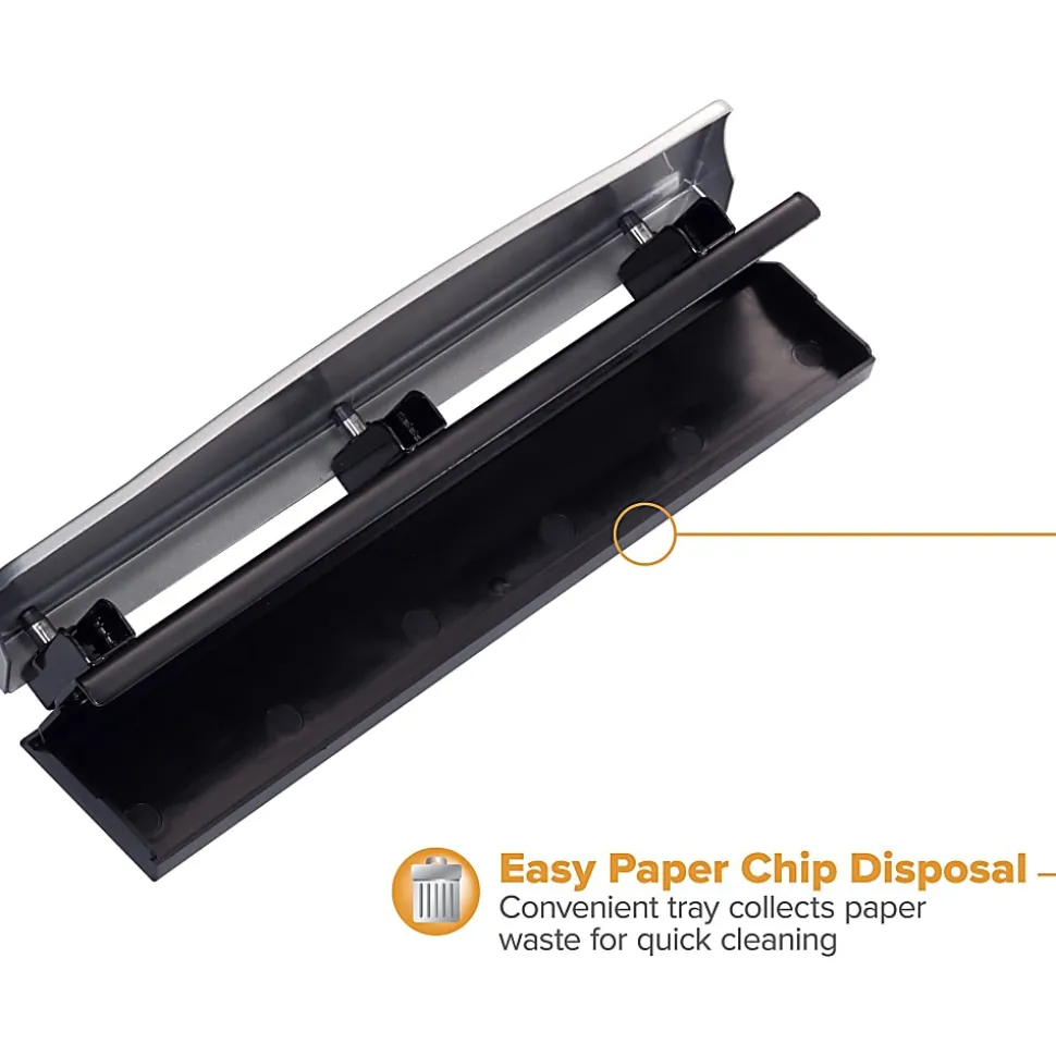 Bostitch Premium 3-Hole Punch, 12-Sheet Capacity, All-Metal, Rubber Base, Easy-Clean Tray, Silver/Black