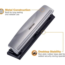 Bostitch Premium 3-Hole Punch, 12-Sheet Capacity, All-Metal, Rubber Base, Easy-Clean Tray, Silver/Black