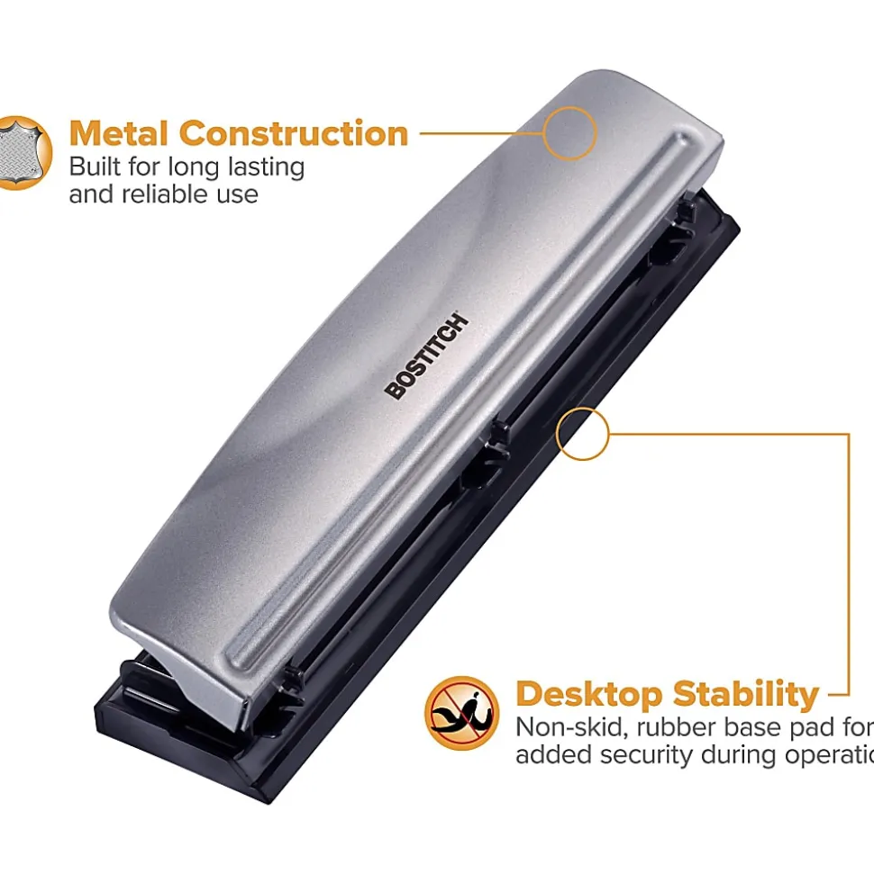 Bostitch Premium 3-Hole Punch, 12-Sheet Capacity, All-Metal, Rubber Base, Easy-Clean Tray, Silver/Black