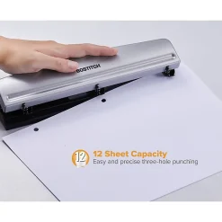 Bostitch Premium 3-Hole Punch, 12-Sheet Capacity, All-Metal, Rubber Base, Easy-Clean Tray, Silver/Black