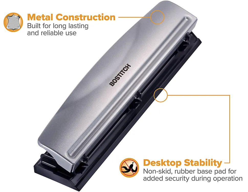 Bostitch Premium 3-Hole Punch, 12-Sheet Capacity, All-Metal, Rubber Base, Easy-Clean Tray, Silver/Black