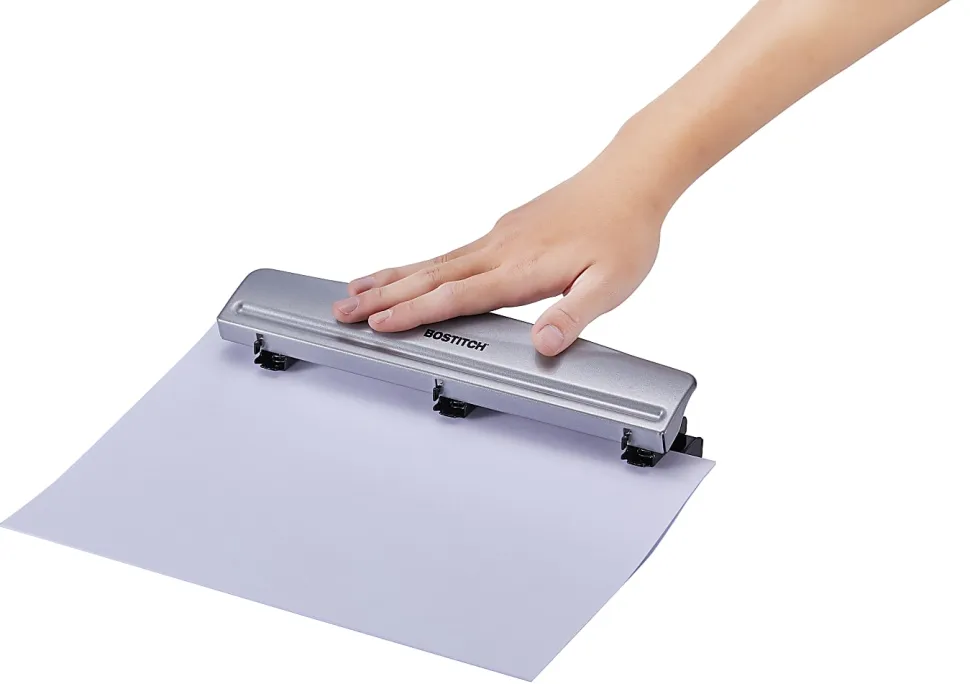 Bostitch Premium 3-Hole Punch, 12-Sheet Capacity, All-Metal, Rubber Base, Easy-Clean Tray, Silver/Black
